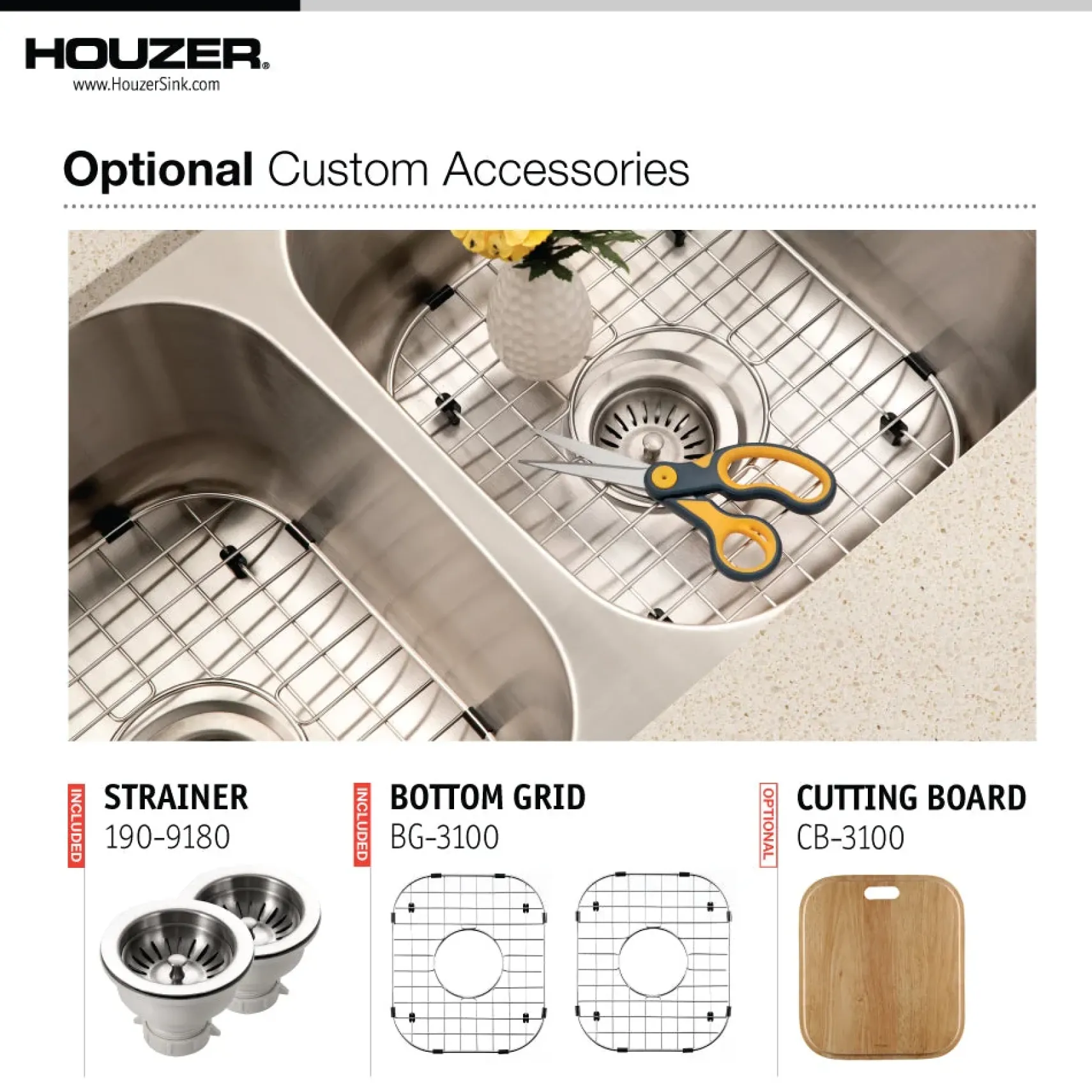 Houzer Medallion Classic 32" 50/50 Double Bowl Stainless Steel Undermount Kitchen Sink, 18 Gauge, MD-3109-1