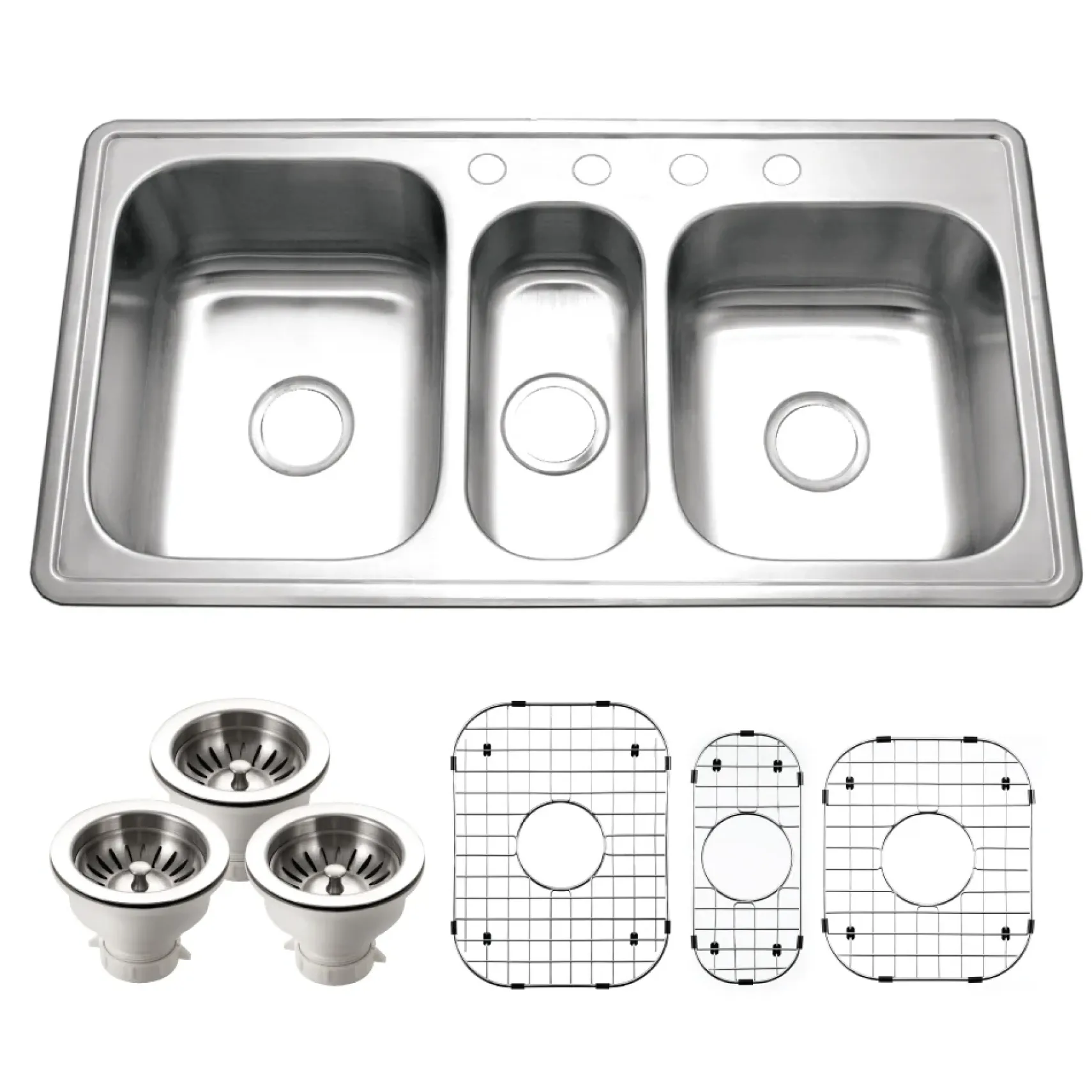 Houzer Medallion 40 inch Stainless Steel Undermount Triple Bowl Kitchen Sink with Strainers & Grids - 18 Gauge, MGT-4120-C