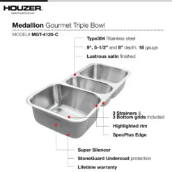 Houzer Medallion 40 inch Stainless Steel Undermount Triple Bowl Kitchen Sink with Strainers & Grids - 18 Gauge, MGT-4120-C