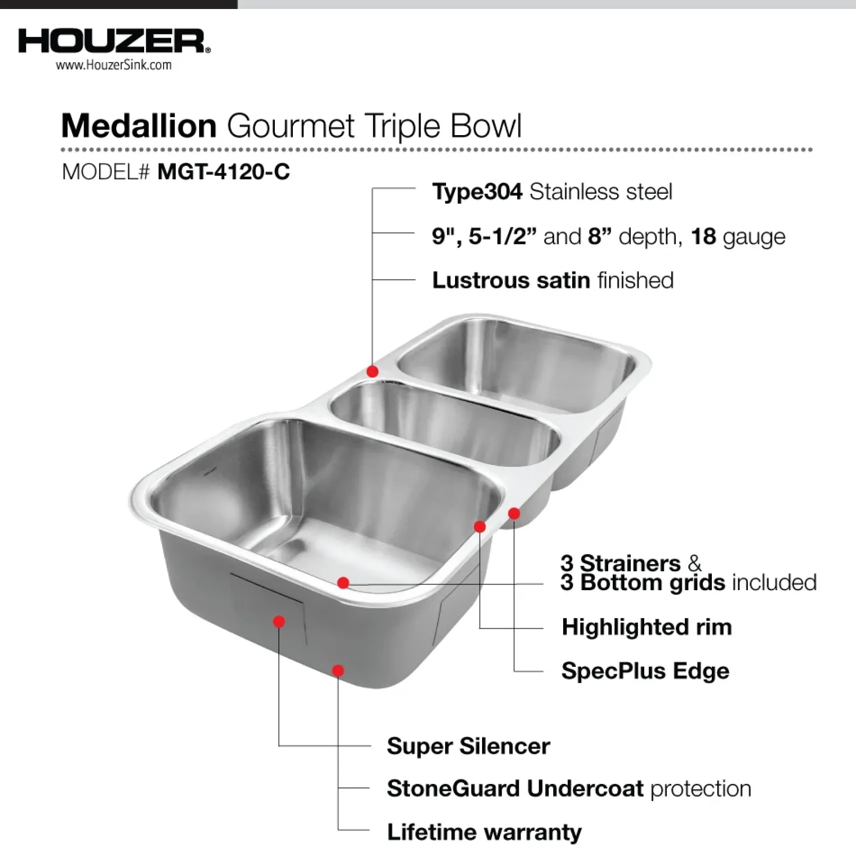 Houzer Medallion 40 inch Stainless Steel Undermount Triple Bowl Kitchen Sink with Strainers & Grids - 18 Gauge, MGT-4120-C