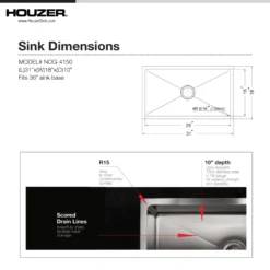 Houzer Nouvelle 31 inch Stainless Steel Undermount Single Bowl Kitchen Sink with Strainer & Grid - 18 Gauge, NOG-4150-1