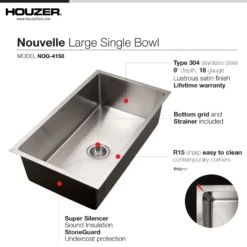 Houzer Nouvelle 31 inch Stainless Steel Undermount Single Bowl Kitchen Sink with Strainer & Grid - 18 Gauge, NOG-4150-1