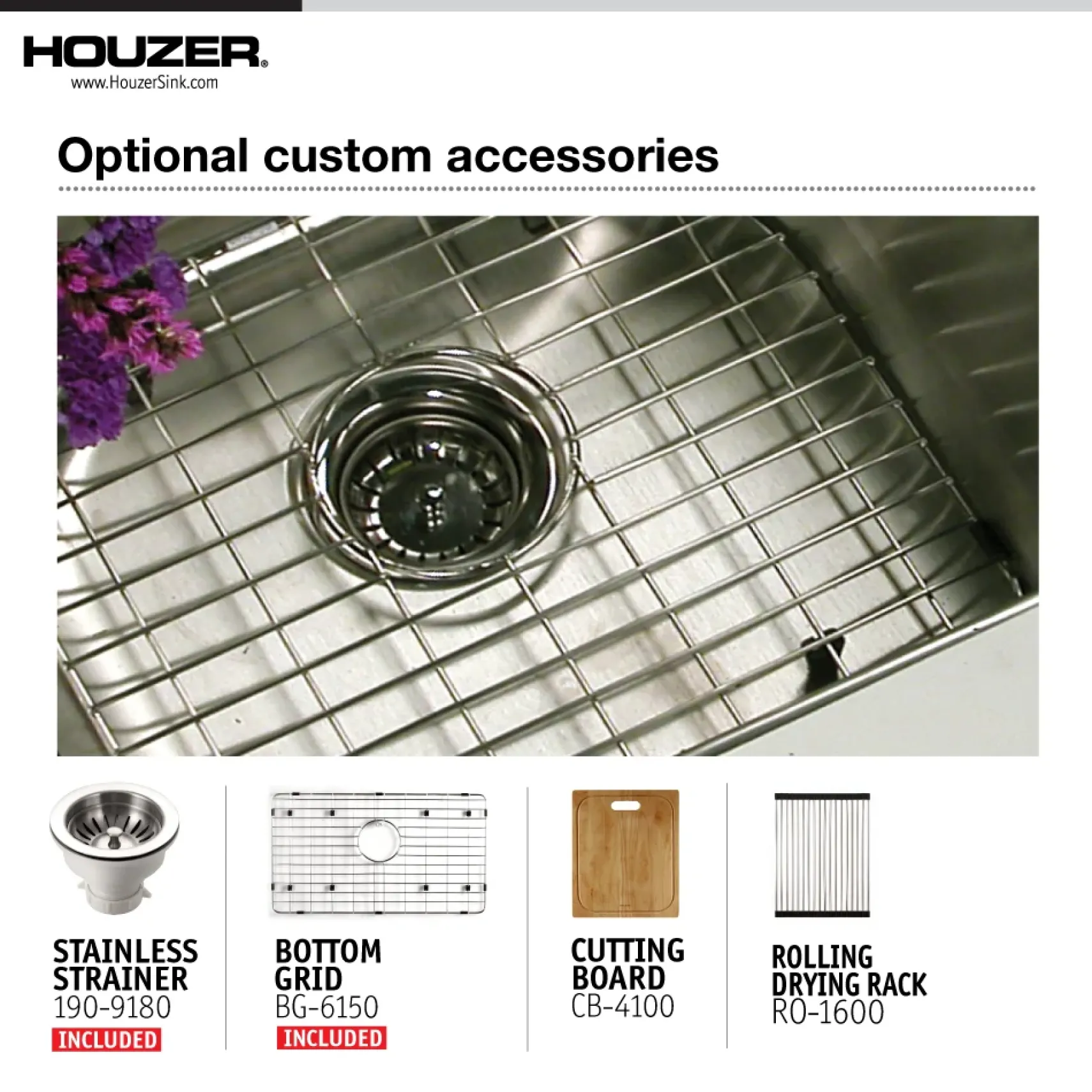 Houzer Nouvelle 31 inch Stainless Steel Undermount Single Bowl Kitchen Sink with Strainer & Grid - 18 Gauge, NOG-4150-1