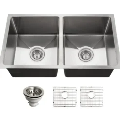 Houzer Nouvelle 31 inch Stainless Steel Undermount 50/50 Double Bowl Kitchen Sink with Strainer & Grid - 18 Gauge, NOD-4200-1