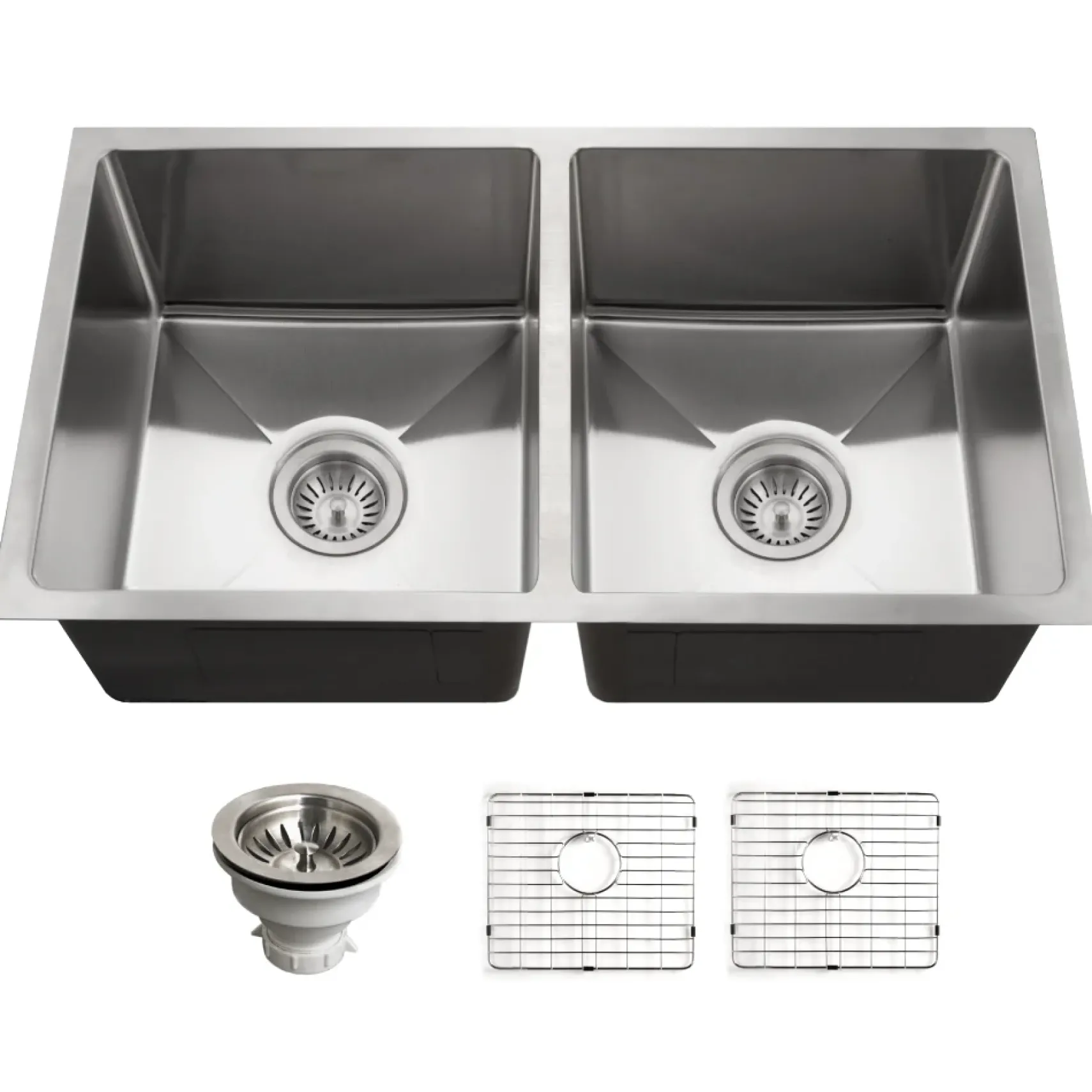 Houzer Nouvelle 31 inch Stainless Steel Undermount 50/50 Double Bowl Kitchen Sink with Strainer & Grid - 18 Gauge, NOD-4200-1