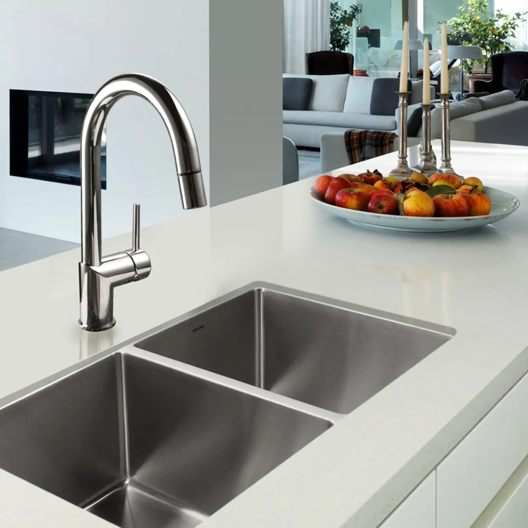 Houzer Nouvelle 31 inch Stainless Steel Undermount 50/50 Double Bowl Kitchen Sink with Strainer & Grid - 18 Gauge, NOD-4200-1