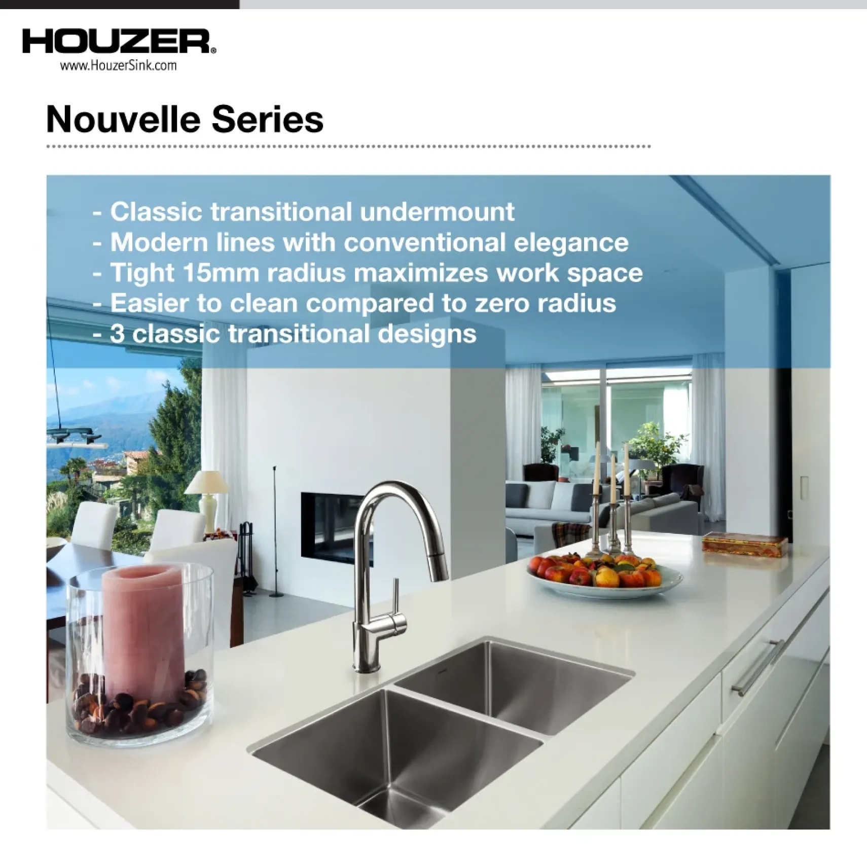 Houzer Nouvelle 31 inch Stainless Steel Undermount 50/50 Double Bowl Kitchen Sink with Strainer & Grid - 18 Gauge, NOD-4200-1