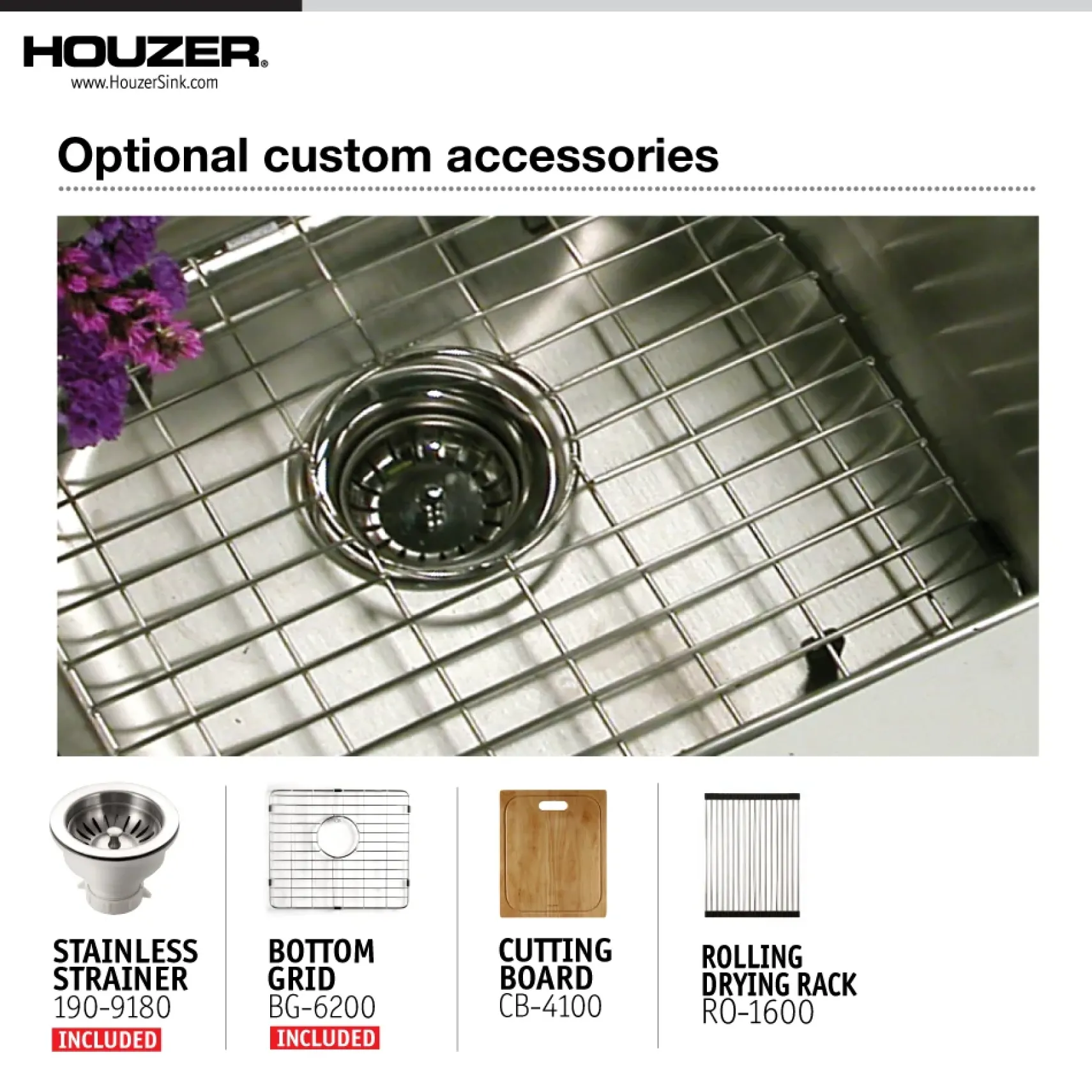Houzer Nouvelle 31 inch Stainless Steel Undermount 50/50 Double Bowl Kitchen Sink with Strainer & Grid - 18 Gauge, NOD-4200-1