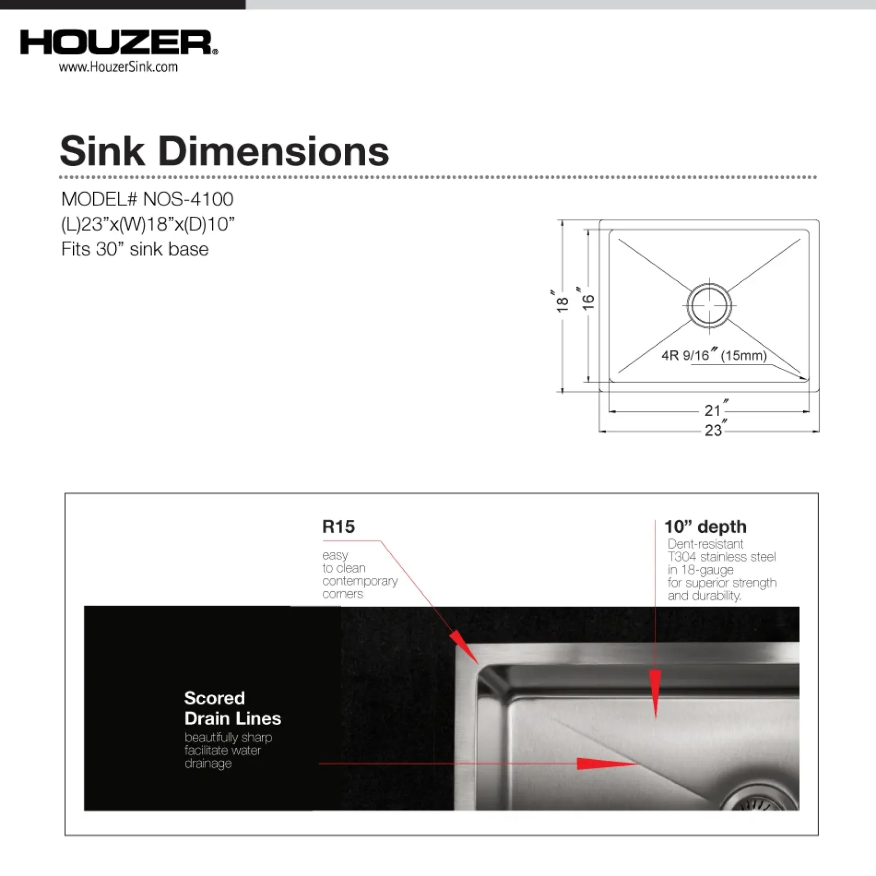 Houzer Nouvelle 23 inch Stainless Steel Undermount Single Bowl Kitchen Sink with Strainer & Grid - 18 Gauge, NOS-4100-1