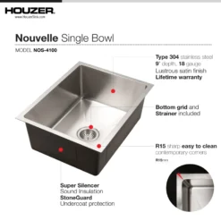 Houzer Nouvelle 23 inch Stainless Steel Undermount Single Bowl Kitchen Sink with Strainer & Grid - 18 Gauge, NOS-4100-1