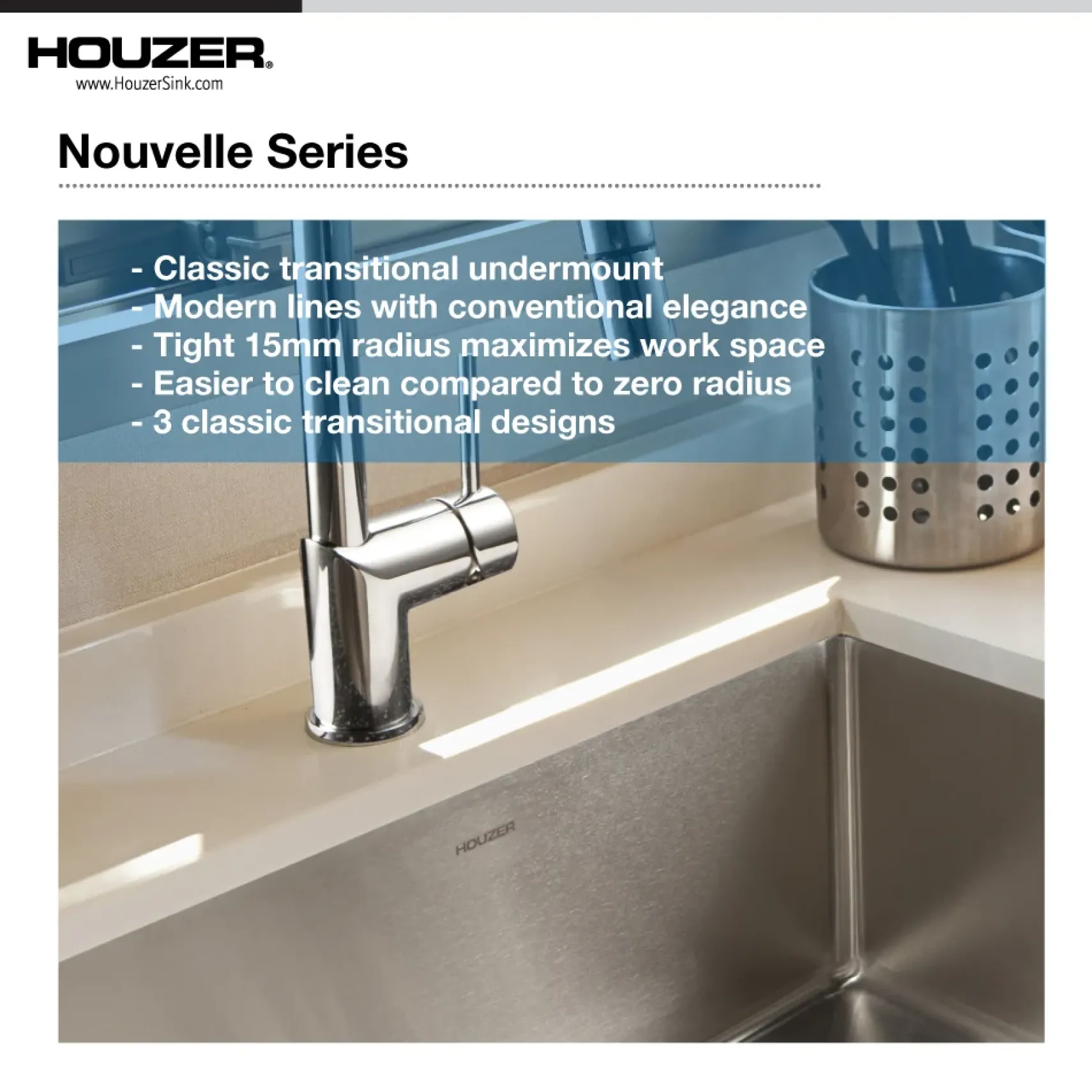 Houzer Nouvelle 23 inch Stainless Steel Undermount Single Bowl Kitchen Sink with Strainer & Grid - 18 Gauge, NOS-4100-1