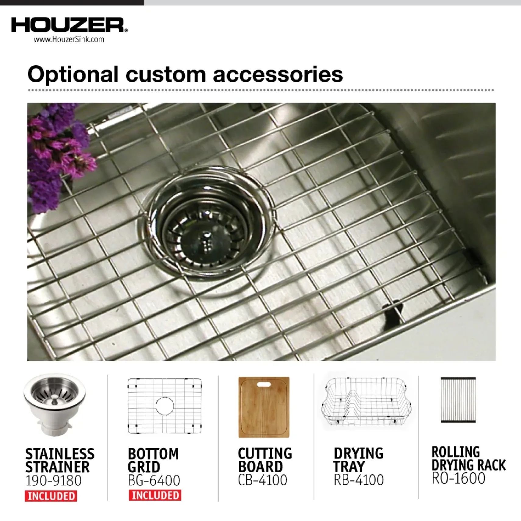 Houzer Nouvelle 23 inch Stainless Steel Undermount Single Bowl Kitchen Sink with Strainer & Grid - 18 Gauge, NOS-4100-1