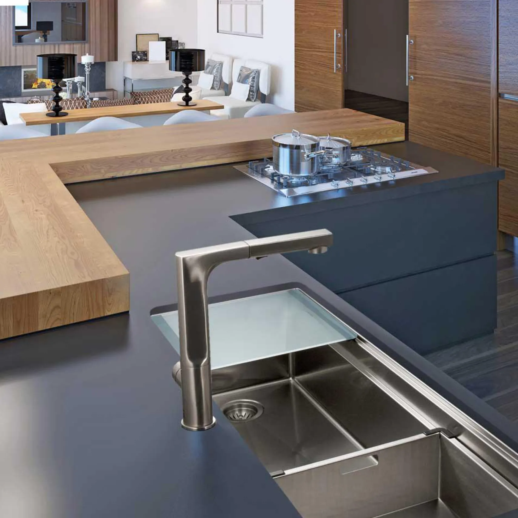 Houzer Novus 45" Workstation Kitchen Sink, 18 Gauge Stainless Steel, NVS-6500