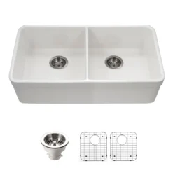 Houzer Platus 32" Fireclay 50/50 Double Bowl Undermount Kitchen Sink with Accessories, White, PTU-3200 WH-C