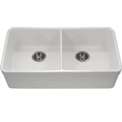 Houzer Platus 32" Fireclay 50/50 Double Bowl Undermount Kitchen Sink with Accessories, White, PTU-3200 WH-C