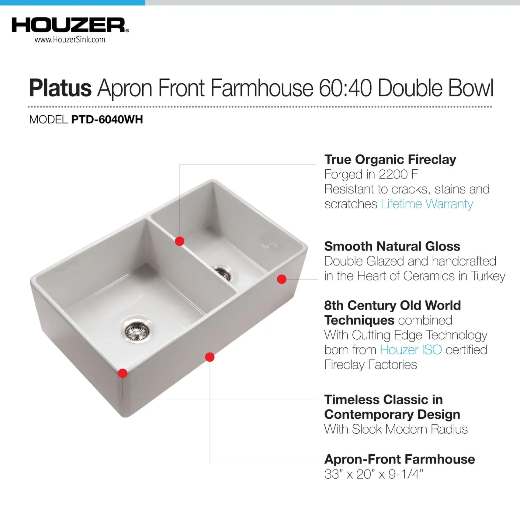 Houzer Platus 33" Fireclay Farmhouse Sink, 60/40 Double Bowl, White, PTD-6040 WH