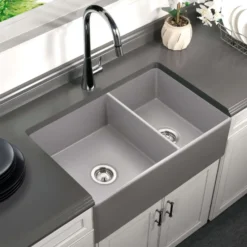 Houzer Platus 33" Fireclay Farmhouse Sink, 60/40 Double Bowl, Gray, PTD-6040 GR