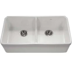 Houzer Platus 32" Fireclay 50/50 Low Divide Double Bowl Farmhouse Kitchen Sink, White, PTD-6400 WH