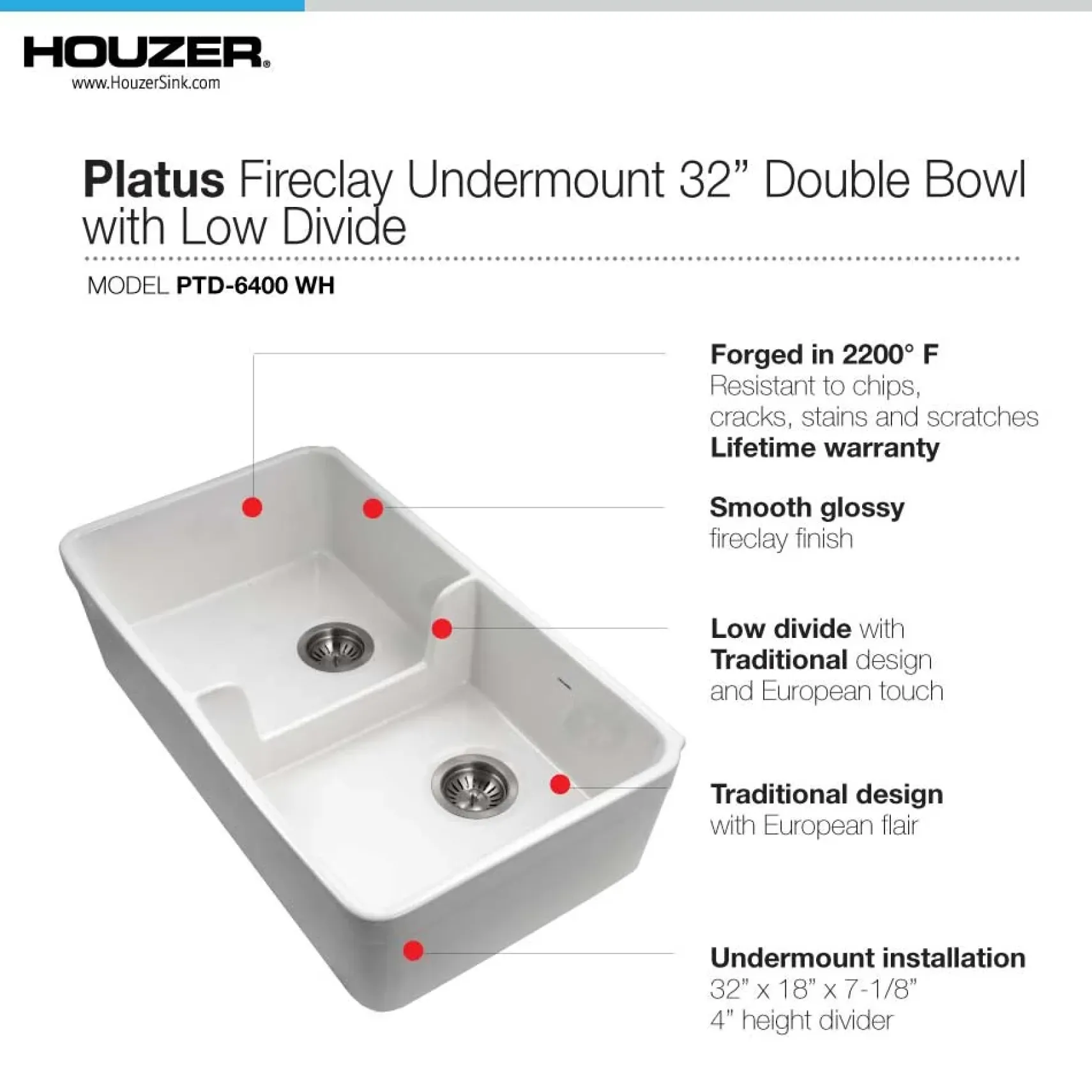 Houzer Platus 32" Fireclay 50/50 Low Divide Double Bowl Farmhouse Kitchen Sink, White, PTD-6400 WH
