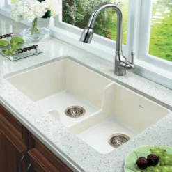 Houzer Platus 32" Fireclay 50/50 Low Divide Double Bowl Farmhouse Kitchen Sink, Biscuit, PTD-6400 BQ