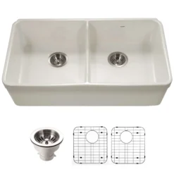 Houzer Platus 32" Fireclay 50/50 Low Divide Double Bowl Farmhouse Kitchen Sink with Accessories, Biscuit, PTD-6400 BQ-C