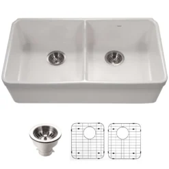 Houzer Platus 32" Fireclay 50/50 Low Divide Double Bowl Farmhouse Kitchen Sink with Accessories, White, PTD-6400 WH-C
