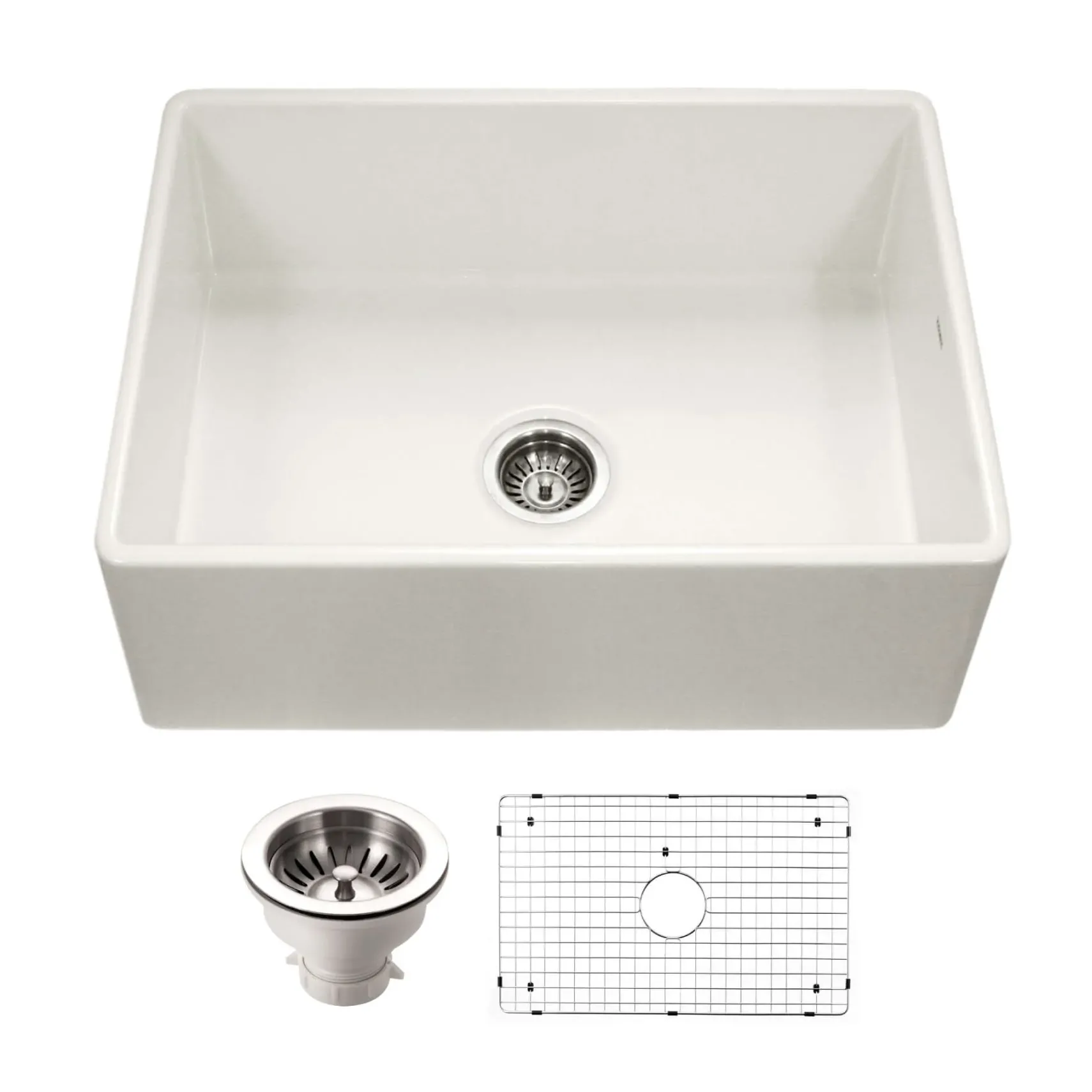 Houzer Platus 30 inch Biscuit Fireclay Apron Front Farmhouse Single Bowl Kitchen Sink - PTS-4100 BQ-C with Basket Strainer and Basin Grid Included