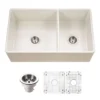 Houzer Platus 33 inch Biscuit Fireclay Apron Front Farmhouse 60/40 Double Bowl Kitchen Sink - PTD-6040 BQ-C with Basket Strainer and Basin Grids Included