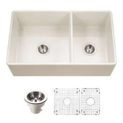 Houzer Platus 33 inch Biscuit Fireclay Apron Front Farmhouse 60/40 Double Bowl Kitchen Sink - PTD-6040 BQ-C with Basket Strainer and Basin Grids Included