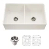 Houzer Platus 33 inch Biscuit Fireclay Apron Front Farmhouse 50/50 Double Bowl Kitchen Sink - PTD-4400 BQ-C with Basket Strainer and Basin Grid Included