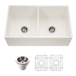 Houzer Platus 33 inch Biscuit Fireclay Apron Front Farmhouse 50/50 Double Bowl Kitchen Sink - PTD-4400 BQ-C with Basket Strainer and Basin Grid Included