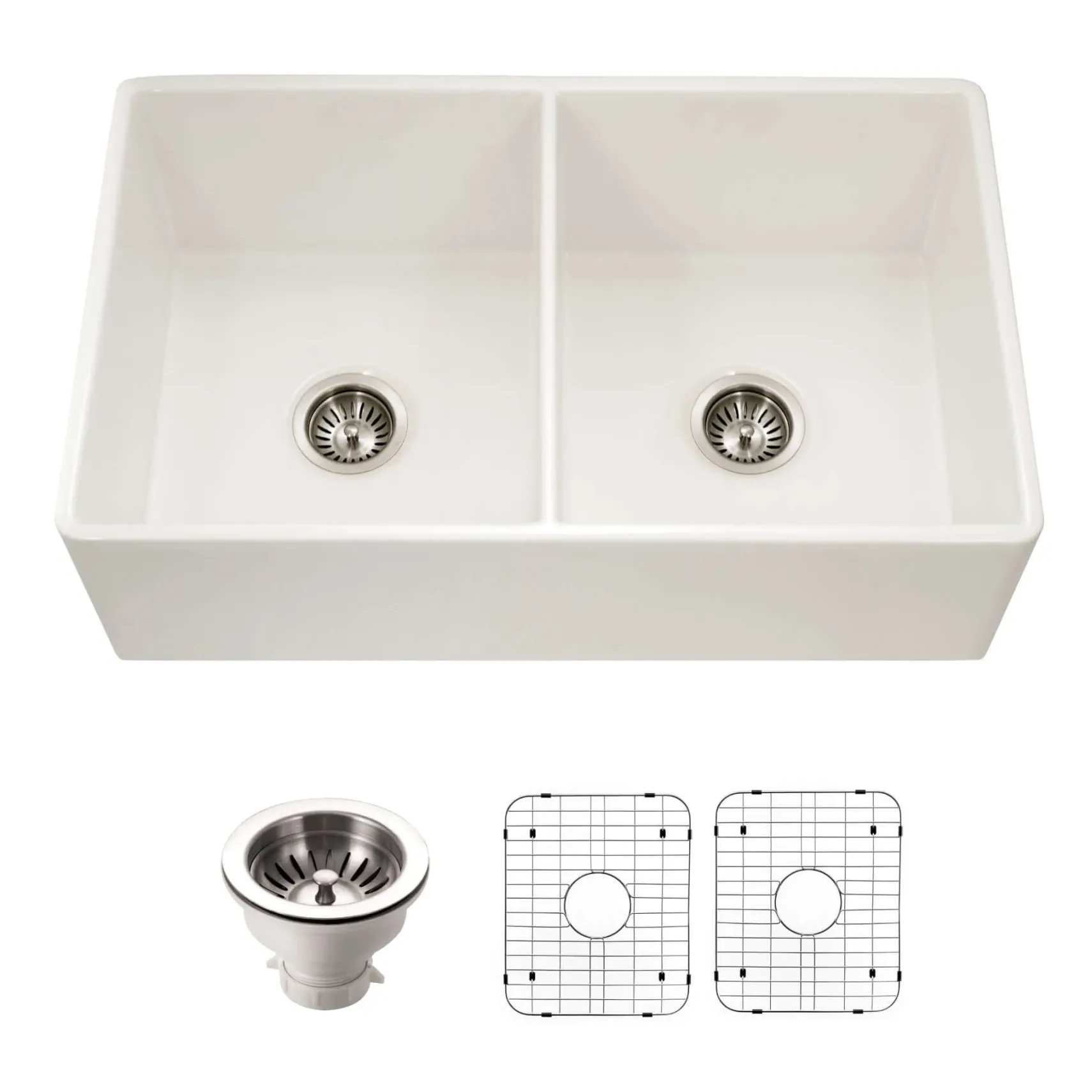 Houzer Platus 33 inch Biscuit Fireclay Apron Front Farmhouse 50/50 Double Bowl Kitchen Sink - PTD-4400 BQ-C with Basket Strainer and Basin Grid Included