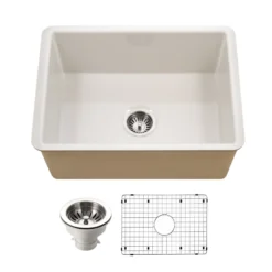 Houzer Platus 26 inch Biscuit Fireclay Undermount Single Bowl Kitchen Sink - PTU-2800 BQ-C with Basket Strainer and Basin Grid Included