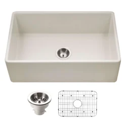 Houzer Platus 30 inch Biscuit Fireclay Apron Front Farmhouse Single Bowl Kitchen Sink - PTS-4118 BQ-C with Basket Strainer and Basin Grid Included