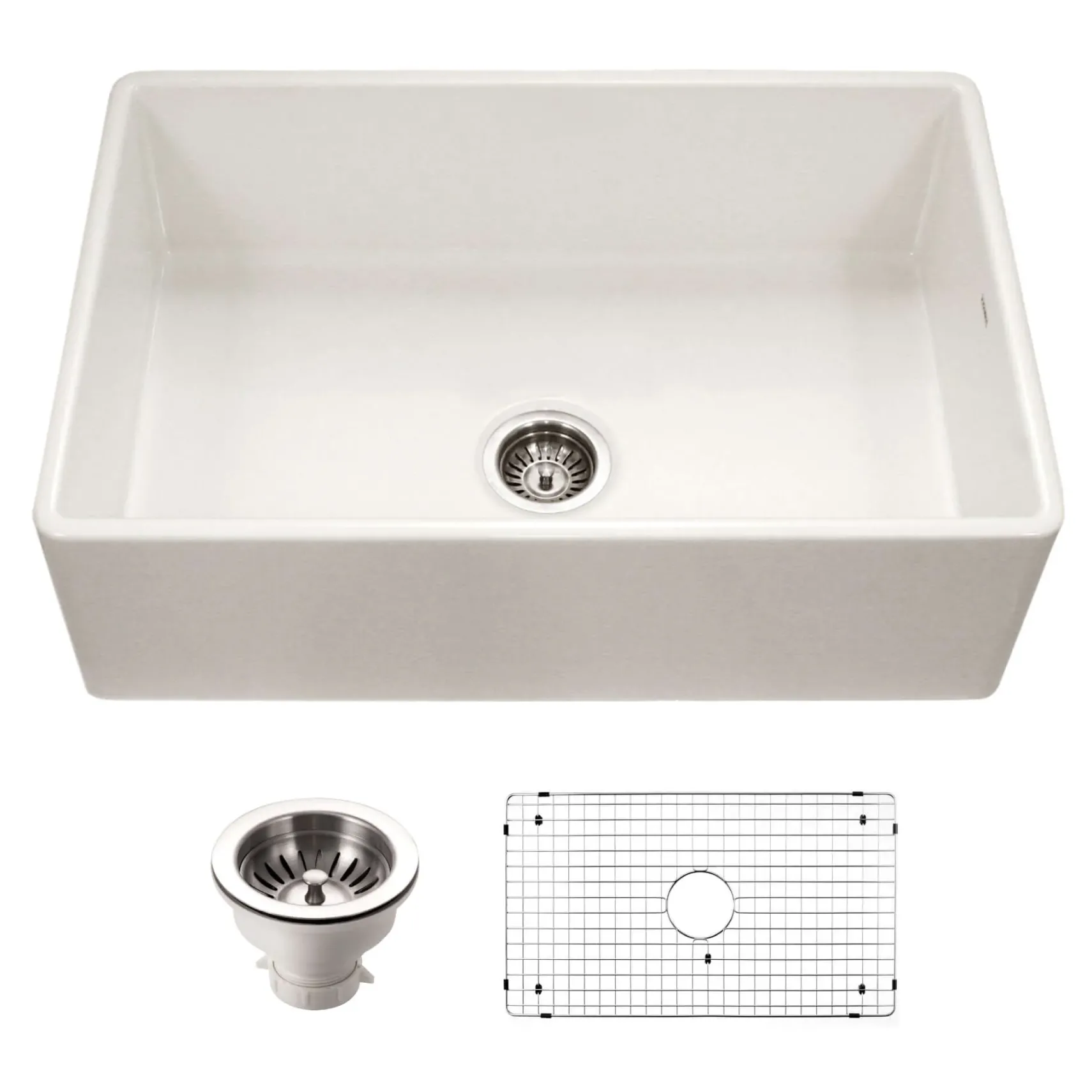 Houzer Platus 33 inch Biscuit Fireclay Apron Front Farmhouse Single Bowl Kitchen Sink - PTG-4300 BQ-C with Basket Strainer and Basin Grid Included