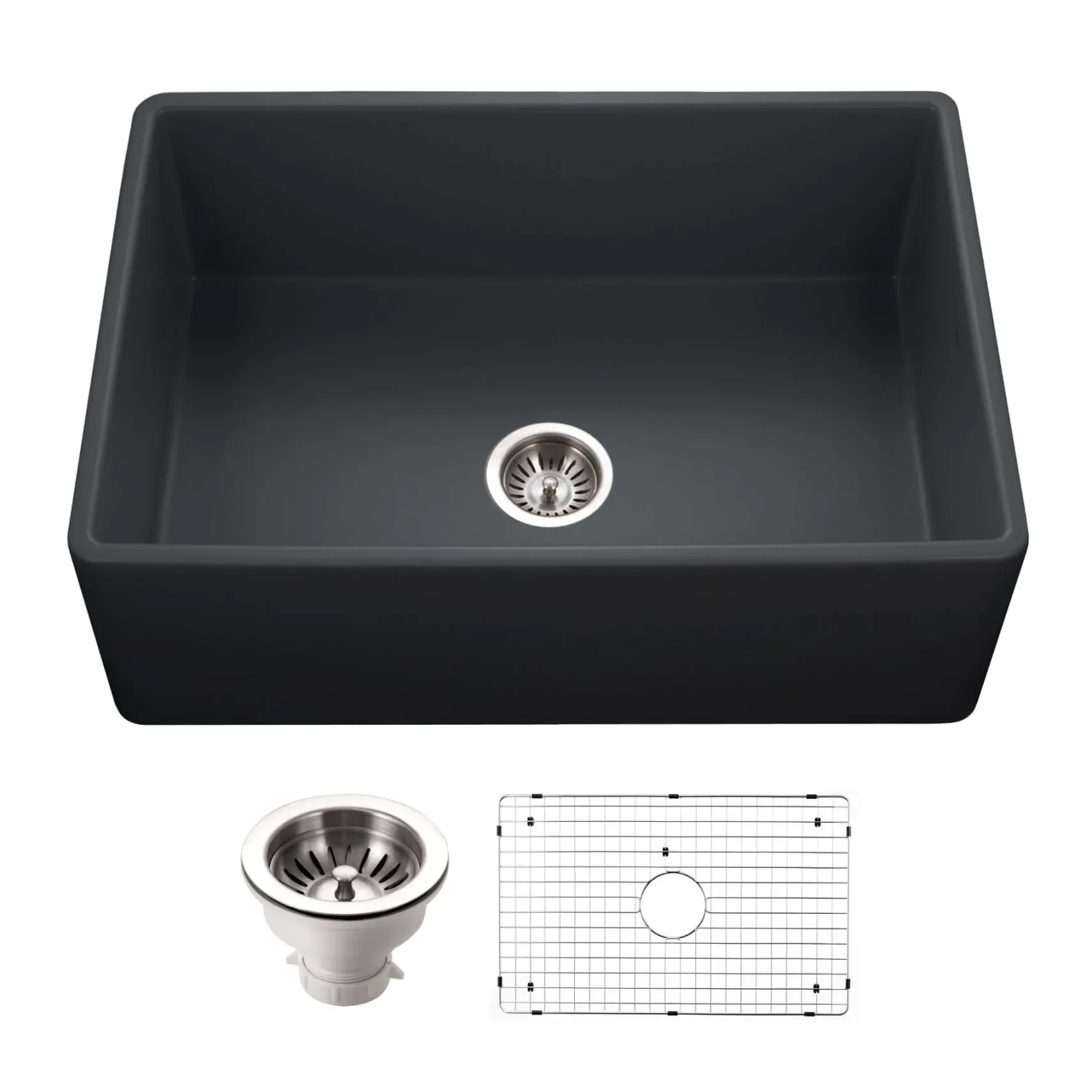 Houzer Platus 30 inch Black Fireclay Apron Front Farmhouse Single Bowl Kitchen Sink - PTS-4100 BL-C with Basket Strainer and Basin Grid Included