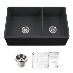 Houzer Platus 33 inch Black Fireclay Apron Front Farmhouse 60/40 Double Kitchen Sink - PTD-6040 BL-C with Basket Strainer and Basin Grids Included