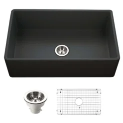 Houzer Platus 33 inch Black Fireclay Apron Front Farmhouse Single Bowl Kitchen Sink - PTG-4300 BL-C with Basket Strainer and Basin Grid Included