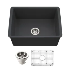 Houzer Platus 26 inch Black Fireclay Undermount Single Bowl Kitchen Sink - PTU-2800 BL-C with Basket Strainer and Basin Grid Included