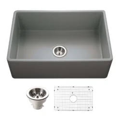 Houzer Platus 30 inch Gray Fireclay Apron Front Farmhouse Single Bowl Kitchen Sink - PTS-4100 GR-C with Basket Strainer and Basin Grid Included