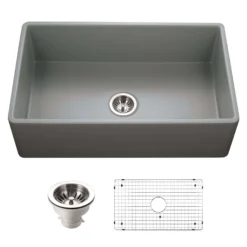 Houzer Platus 33 inch Gray Fireclay Apron Front Farmhouse Single Bowl Kitchen Sink - PTG-4300 GR-C with Basket Strainer and Basin Grid Included