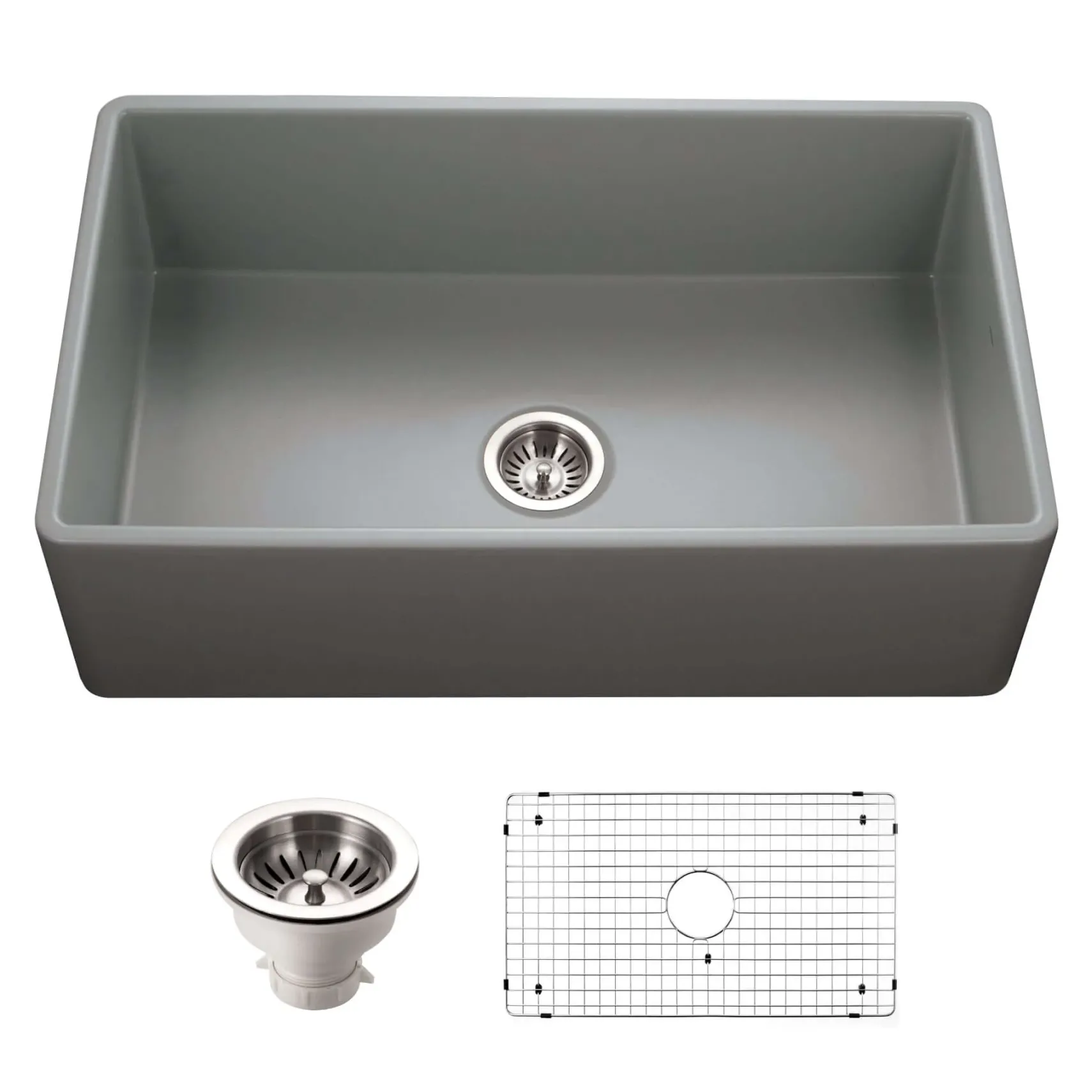 Houzer Platus 33 inch Gray Fireclay Apron Front Farmhouse Single Bowl Kitchen Sink - PTG-4300 GR-C with Basket Strainer and Basin Grid Included