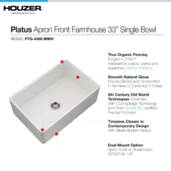 Houzer Platus 33 inch Matte White Fireclay Apron Front Farmhouse Single Bowl Kitchen Sink - PTG-4300 MWH