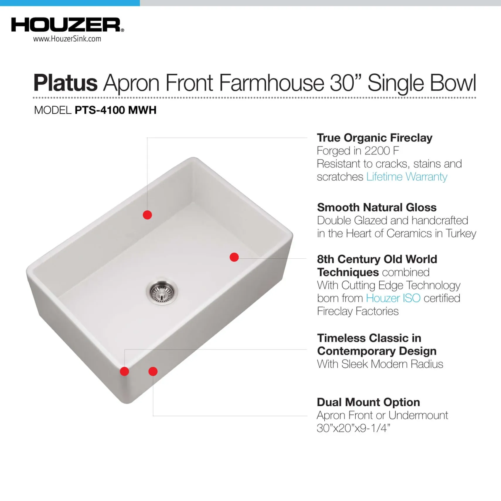 Houzer Platus 30 inch Matte White Fireclay Apron Front Farmhouse Single Bowl Kitchen Sink - PTS-4100 MWH