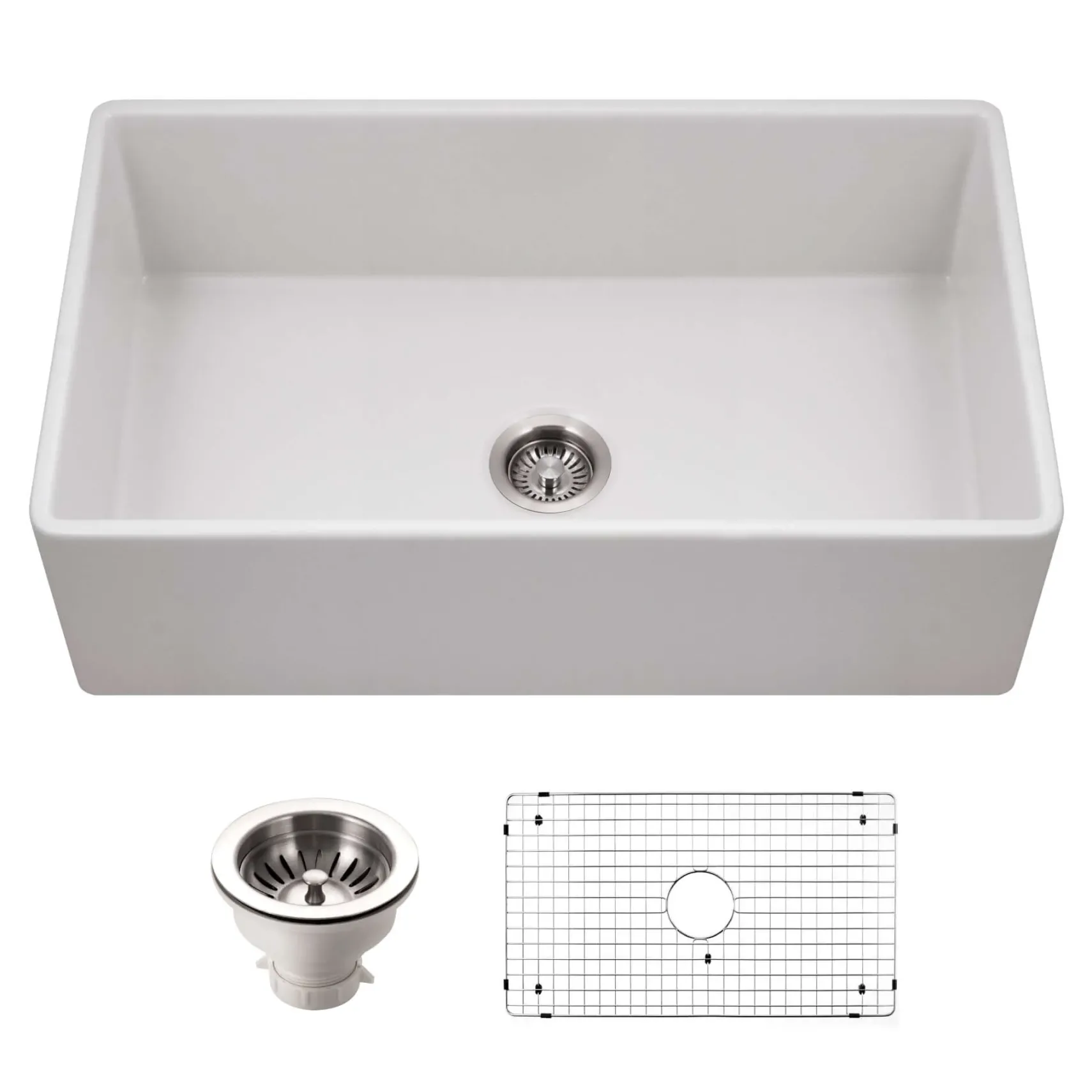 Houzer Platus 33 inch Matte White Fireclay Apron Front Farmhouse Single Bowl Kitchen Sink - PTG-4300 MWH-C with Basket Strainer and Basin Grid Included