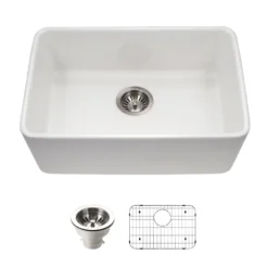 Houzer Platus 24 inch White Fireclay Undermount Single Bowl Kitchen Sink with Strainer & Grid - PTU-2400 WH-C