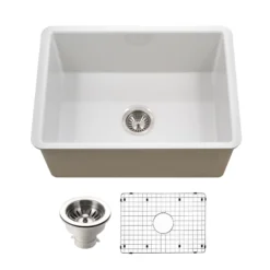 Houzer Platus 26 inch White Fireclay Undermount Single Bowl Kitchen Sink - PTU-2800 WH-C with Basket Strainer and Basin Grid Included
