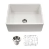 Houzer Platus 26 inch White Fireclay Apron Front Farmhouse Single Bowl Kitchen Sink - PTS-2600 WH-C with Basket Strainer and Basin Grid Included