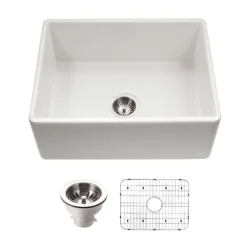 Houzer Platus 26 inch White Fireclay Apron Front Farmhouse Single Bowl Kitchen Sink - PTS-2600 WH-C with Basket Strainer and Basin Grid Included