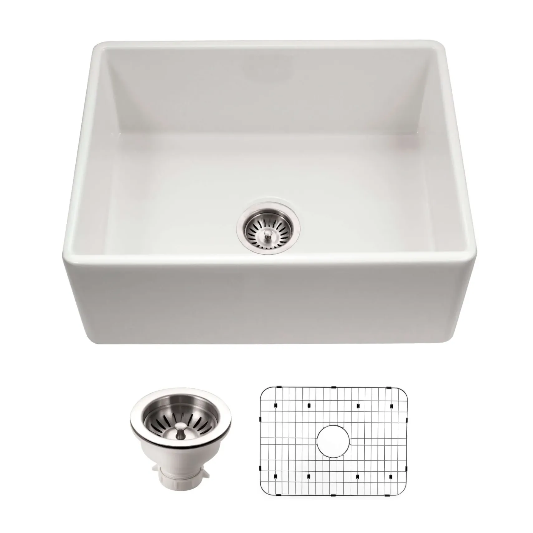 Houzer Platus 26 inch White Fireclay Apron Front Farmhouse Single Bowl Kitchen Sink - PTS-2600 WH-C with Basket Strainer and Basin Grid Included